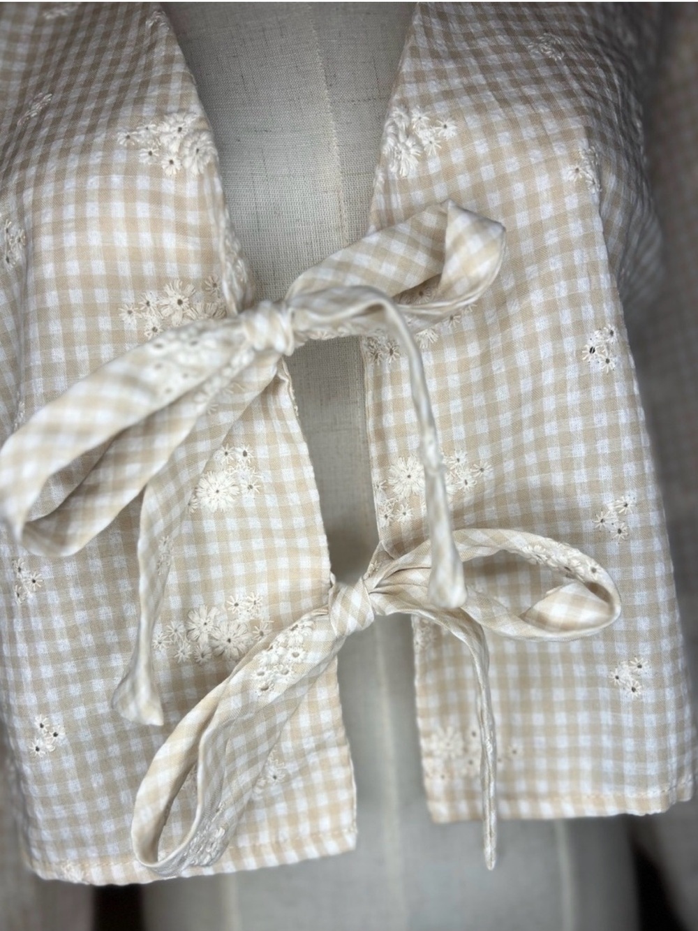 Balletcore Tie Front Bow Gingham Eyelet Crop Blouse Cottage XXS